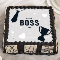 cheers to boss day cake decorated with elegant fondant design
