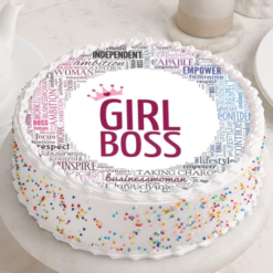 stylish girl boss theme cake with pink and gold fondant design