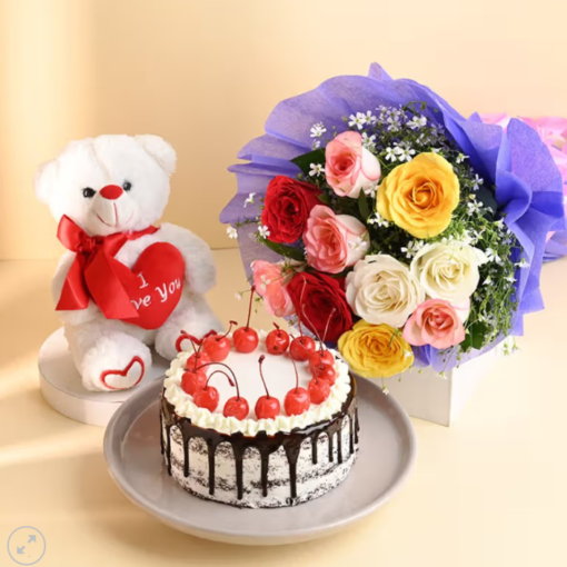 Teddy with chocolates and flowers combo gift