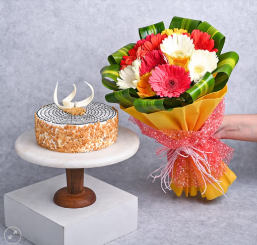 Gerbera flower bouquet with cake