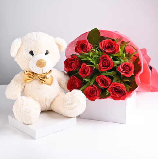 Luxury Rose Bunch with Cuddly Teddy – Romantic Gift