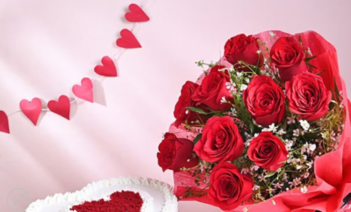 Romantic combo of roses and cake