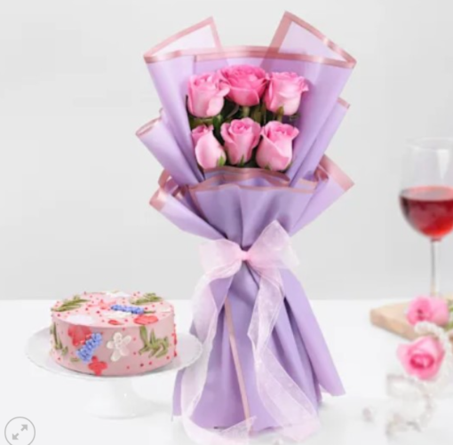 Elegant pink rose and cake gift combo for delivery
