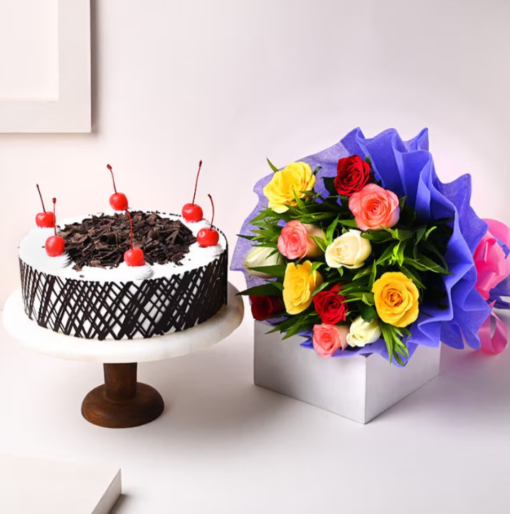 Rosy Charm & Black Forest Bliss Combo – Cake and Rose Gift