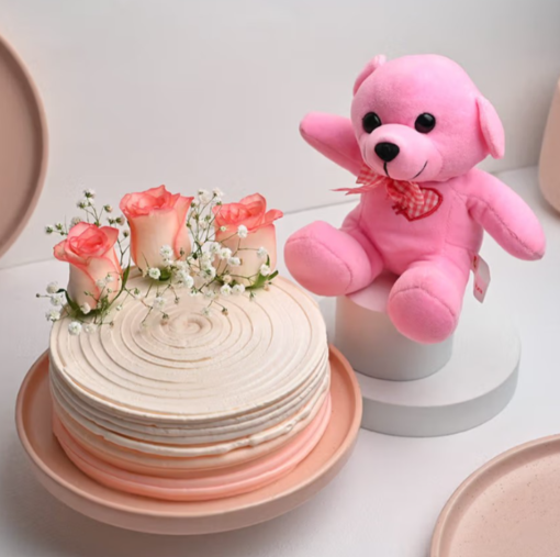 Rosy Charm Cake with Cuddly Teddy – Pink Cake and Teddy Combo