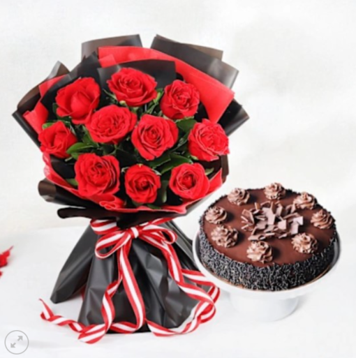 Truffle cake and red rose bouquet combo for online delivery in India