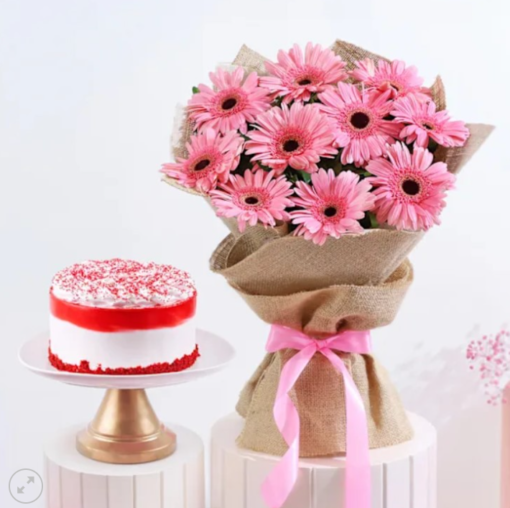 Red velvet cake and pink flowers combo gift