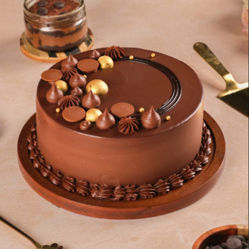 Dark Belgian Truffle Cake with rich chocolate ganache and glossy finish