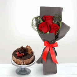 Crimson Bliss Roses & Fudge Cake Combo with red roses and rich fudge cake