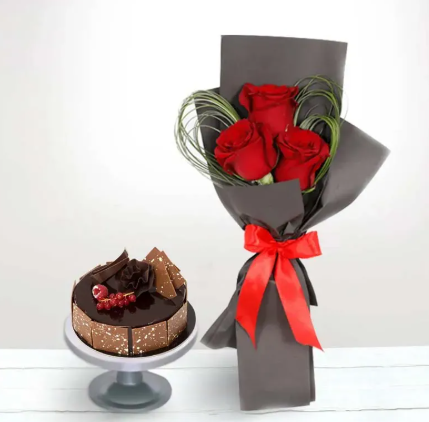 Crimson Bliss Roses & Fudge Cake Combo with red roses and rich fudge cake