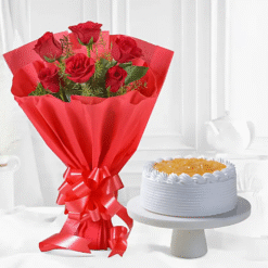 Rosy Delight Cake Hamper Combo — cake with fresh roses gift set