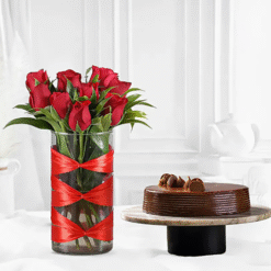 Scarlet Charm Truffle & Roses Combo — cake with fresh red roses gift set
