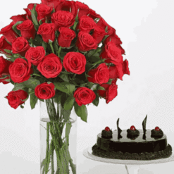 Scarlet Royale 50 Roses & Truffle Cake Combo — cake with 50 fresh red roses