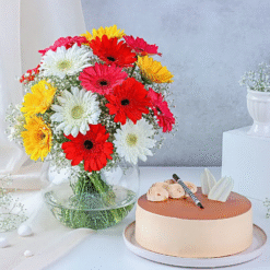 Spring flower vase with fresh cream cake combo