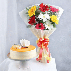 Colourful gerbera bouquet with butterscotch cake combo