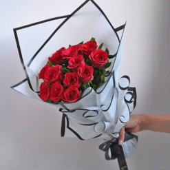 Crimson Love 10 red rose bouquet with elegant white wrapping