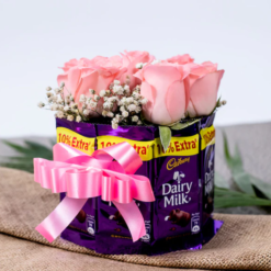 Alternative view of Pink roses and chocolate bouquet