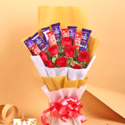 Romantic chocolate and red roses gift bouquet for a love surprise