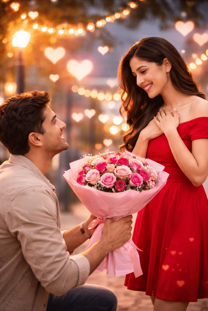 Romantic Valentine’s Day flower proposal with a couple sharing an emotional moment
